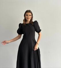 Kadın Kısa Balon Kollu Bisiklet Yaka Geniş Kesim Janjan Krep Elbise