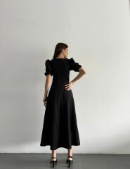 Kadın Kısa Balon Kollu Bisiklet Yaka Geniş Kesim Janjan Krep Elbise