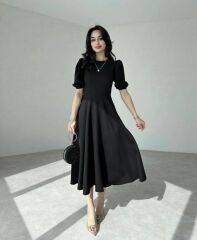 Kadın Kısa Balon Kollu Bisiklet Yaka Geniş Kesim Janjan Krep Elbise