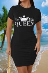 Kadın Kısa Kollu Queen Baskı Iki Iplik Mini Elbise