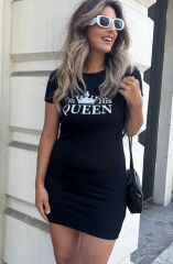 Kadın Kısa Kollu Queen Baskı Iki Iplik Mini Elbise