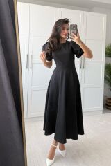 Kadın Kısa Balon Kollu Bisiklet Yaka Geniş Kesim Janjan Krep Elbise