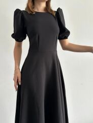 Kadın Kısa Balon Kollu Bisiklet Yaka Geniş Kesim Janjan Krep Elbise