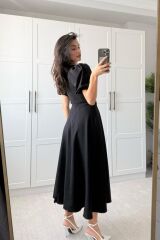 Kadın Kısa Balon Kollu Bisiklet Yaka Geniş Kesim Janjan Krep Elbise