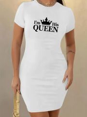 Kadın Kısa Kollu Queen Baskı Iki Iplik Mini Elbise