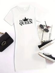 Kadın Kısa Kollu Queen Baskı Iki Iplik Mini Elbise
