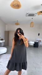 Kadın Bisiklet Yaka Eteği Volanlı Bürümcük Elbise