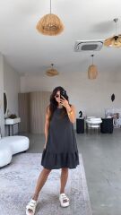 Kadın Bisiklet Yaka Eteği Volanlı Bürümcük Elbise