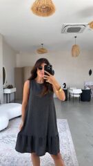 Kadın Bisiklet Yaka Eteği Volanlı Bürümcük Elbise