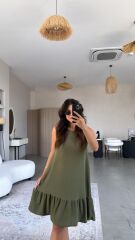 Kadın Bisiklet Yaka Eteği Volanlı Bürümcük Elbise