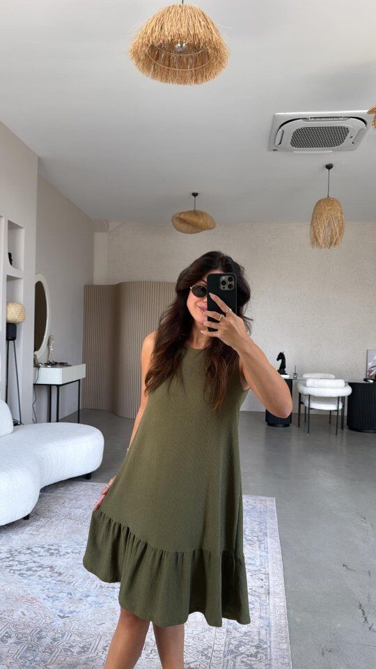 Kadın Bisiklet Yaka Eteği Volanlı Bürümcük Elbise