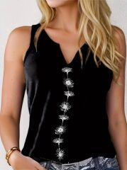 Kadın V Yaka Su Yolu çiçek Baskı Kolsuz Viskon Bluz