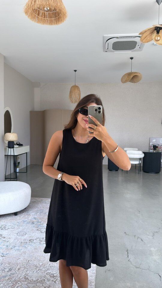 Kadın Bisiklet Yaka Eteği Volanlı Bürümcük Elbise