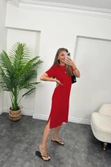 Kadın Kısa Kollu Yırtmaç Detaylı Salaş Viskon Elbise