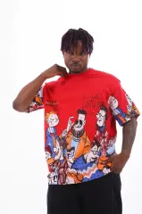 Unisex Oversize Baskılı Bisiklet Yaka T-Shirt - Kırmızı