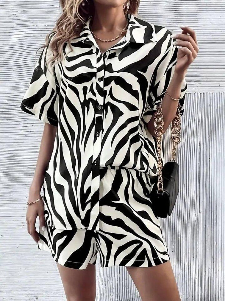 Kadın Zebra Desenli Pamuk-Polyester Kumaş İkili Takım