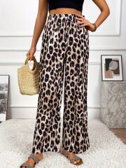 Kadın Yüksek Bel Beli Lastikli Bağcıklı Leopar Desenli Süprem Pantolon