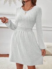 Kadın Uzun Kollu Bisiklet Yaka Beli Lastikli şardonlu Kaşkorse Mini Elbise