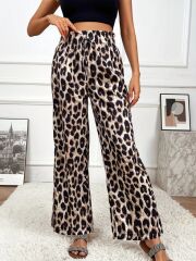 Kadın Yüksek Bel Beli Lastikli Bağcıklı Leopar Desenli Süprem Pantolon