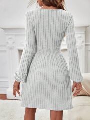 Kadın Uzun Kollu Bisiklet Yaka Beli Lastikli şardonlu Kaşkorse Mini Elbise