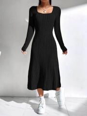 Kadın Uzun Kollu Kare Yakalı Midi şardonlu Kaşkorse Elbise