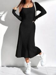 Kadın Uzun Kollu Kare Yakalı Midi şardonlu Kaşkorse Elbise