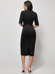 Kadın Kısa Kollu Yakalı Kruvaze Yakalı Beli Kemerli Midi Modal Elbise
