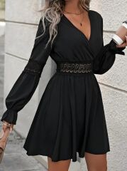 Kadın Uzun Kollu Kruvaze Yakalı Dantelli Fermuar Detaylı Kısa Ithal Krep Elbise