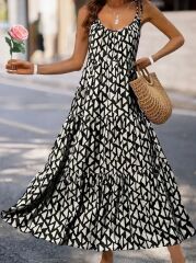 Kadın Askılı Yuvarlak Yaka Fırfırlı Desenli Uzun Bürümcük Elbise