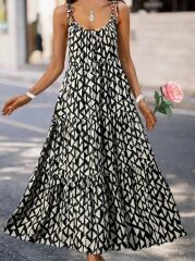 Kadın Askılı Yuvarlak Yaka Fırfırlı Desenli Uzun Bürümcük Elbise