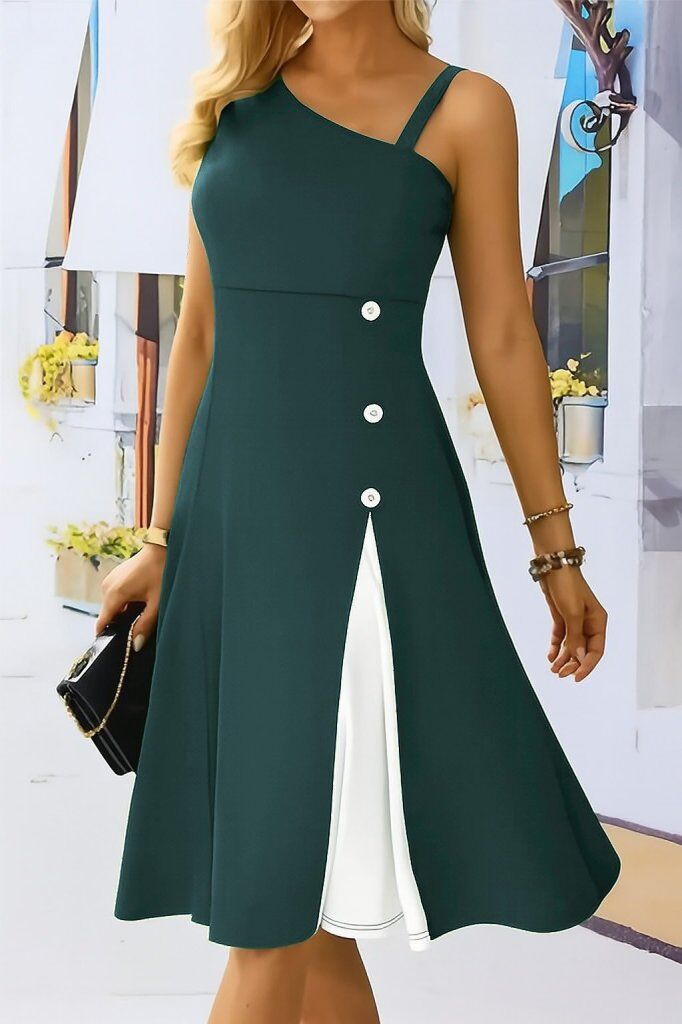 Kadın Tek Omuzu şerit Detaylı Kolsuz Yandan Düğme Detaylı Janjan Krep Elbise