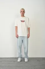 Unisex Baskılı Bisiklet Yaka Oversize T-Shirt - Beyaz