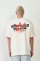 Unisex Baskılı Bisiklet Yaka Oversize T-Shirt - Beyaz