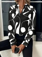 Kadın Uzun Kollu V Hakim Yakalı Desenli Dalgıç Bluz