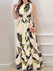 Kadın Sıfır Kok Bağcıklı Kemerli Etek Ucu Fırfırlı Desenli Süprem Elbise