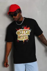 Unisex Oversize Baskılı Bisiklet Yaka T-Shirt - Siyah