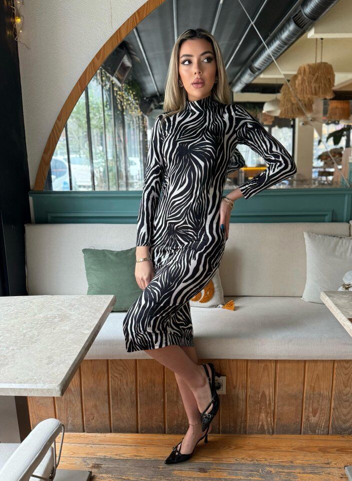Kadın Zebra Desen Süet Kumaş Fırsat ürün Midi Boy Elbise