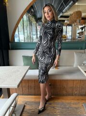 Kadın Zebra Desen Süet Kumaş Fırsat ürün Midi Boy Elbise