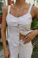 Kalın Askılı Bluz Pantolon Keten Takım 10187