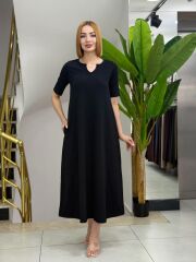 Kadın Kısa Kollu V Yakalı Cep Detaylı Uzun Janjan Krep Elbise