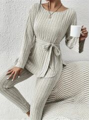 Kadın Uzun Kollu Tek Omuzu Açık Belden Kuşaklı şardonlu Kaşkorse Bluz Ve Tayt Pantolon