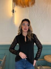 Kadın Uzun Kollu Kolları Dantelli Hakim Yaka Krep Bluz