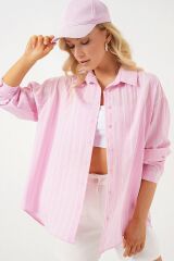 3900 Oversize Kareli Gömlek - Y.Pembe