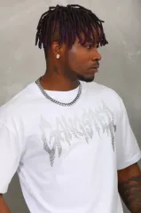 Unisex Oversize Taşlı Bisiklet Yaka T-Shirt - Beyaz