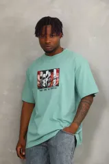 Unisex Oversize Baskılı Bisiklet Yaka T-Shirt - Mint Yeşili