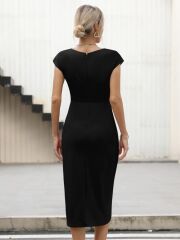 Kadın Yarım Ay Kollu Bisiklet Yaka Yandan Drapeli Ithal Krep Elbise