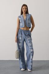 Baskılı Önü Bağlamalı Yelekli Takım - İndigo