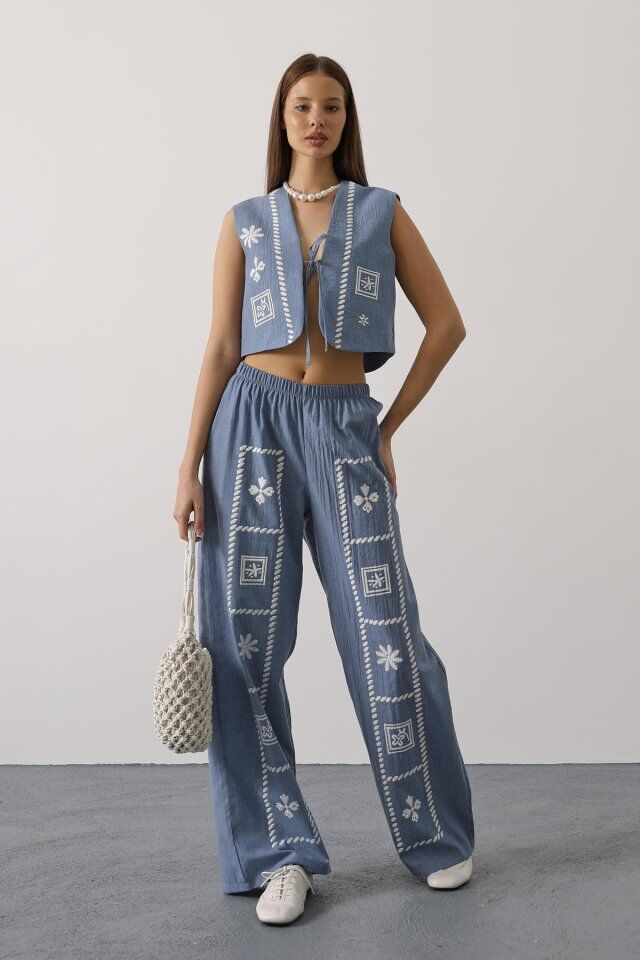 Baskılı Önü Bağlamalı Yelekli Takım - İndigo