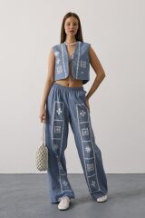 Baskılı Önü Bağlamalı Yelekli Takım - İndigo