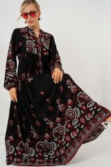 2423 Otantik Desenli Tesettür Elbise - Siyah - Bordo